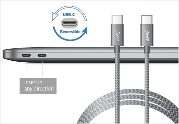Two connectors of a USB-C cable are displayed against laptop with two USB-C ports.